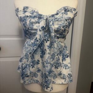 SHEIN White and Blue Floral Off-Shoulder Top